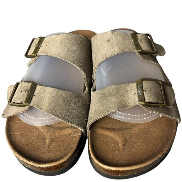 Skechers Women's 9 Double Buckle Faux Leather Slide Sandals Taupe Comfort Foam‎ - Picture 2 of 7